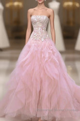 Luxurious Ball Gown Strapless Pink Tulle Long Semi Formal Prom Dress